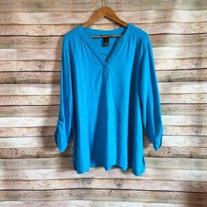 Ali Miles Women's Blue Linen Blend Embroidered Button Back Tunic Top XL